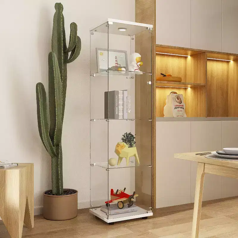 MAYEERTY Tempered Glass Display Cabinet Wine Storage File Cabinet Battery powered Paipai Light Adjustable Floor Feet Living Room Bedroom Office White