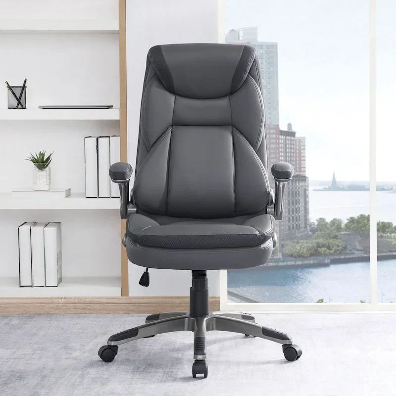 Executive Bonded Leather Office Chair with Lumbar Support, Locking Tilt and Flip Arms – Taupe / Black / Charcoal, for 1 Person