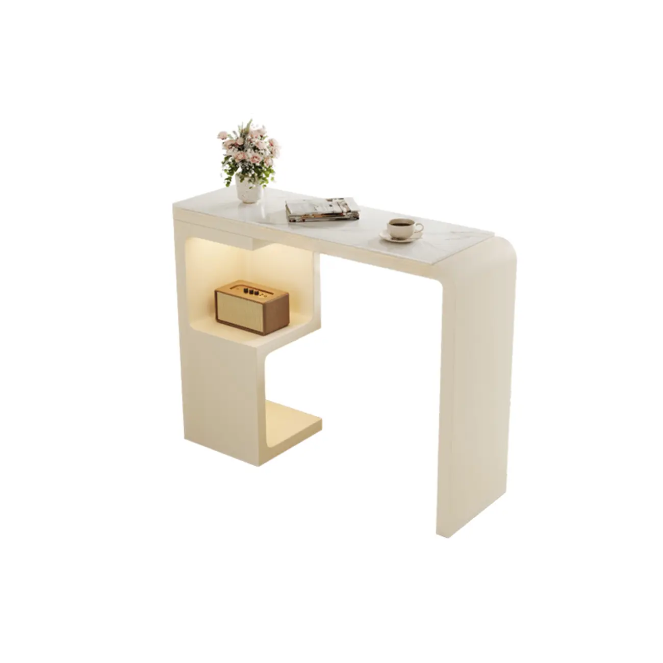Off-White Rectangle Bar Table Stone Top with Shelves for Foyer