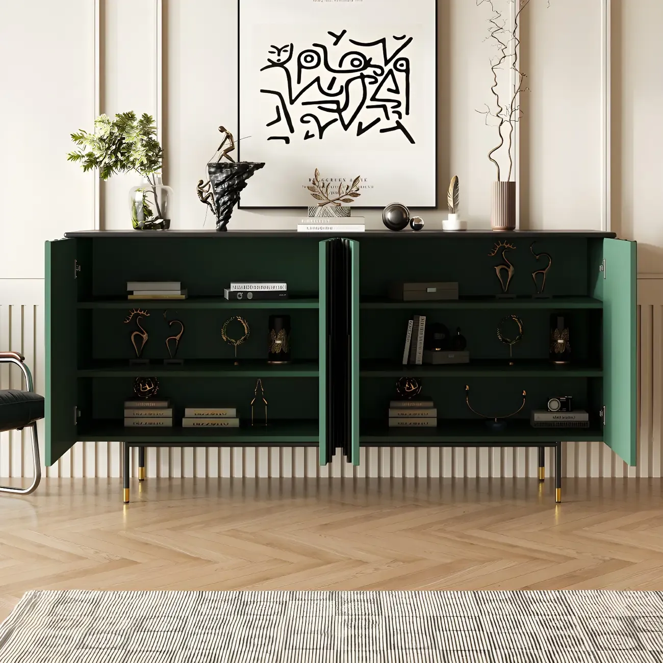 Unique Glam Wooden Sideboard Cabinet in Green/Brown