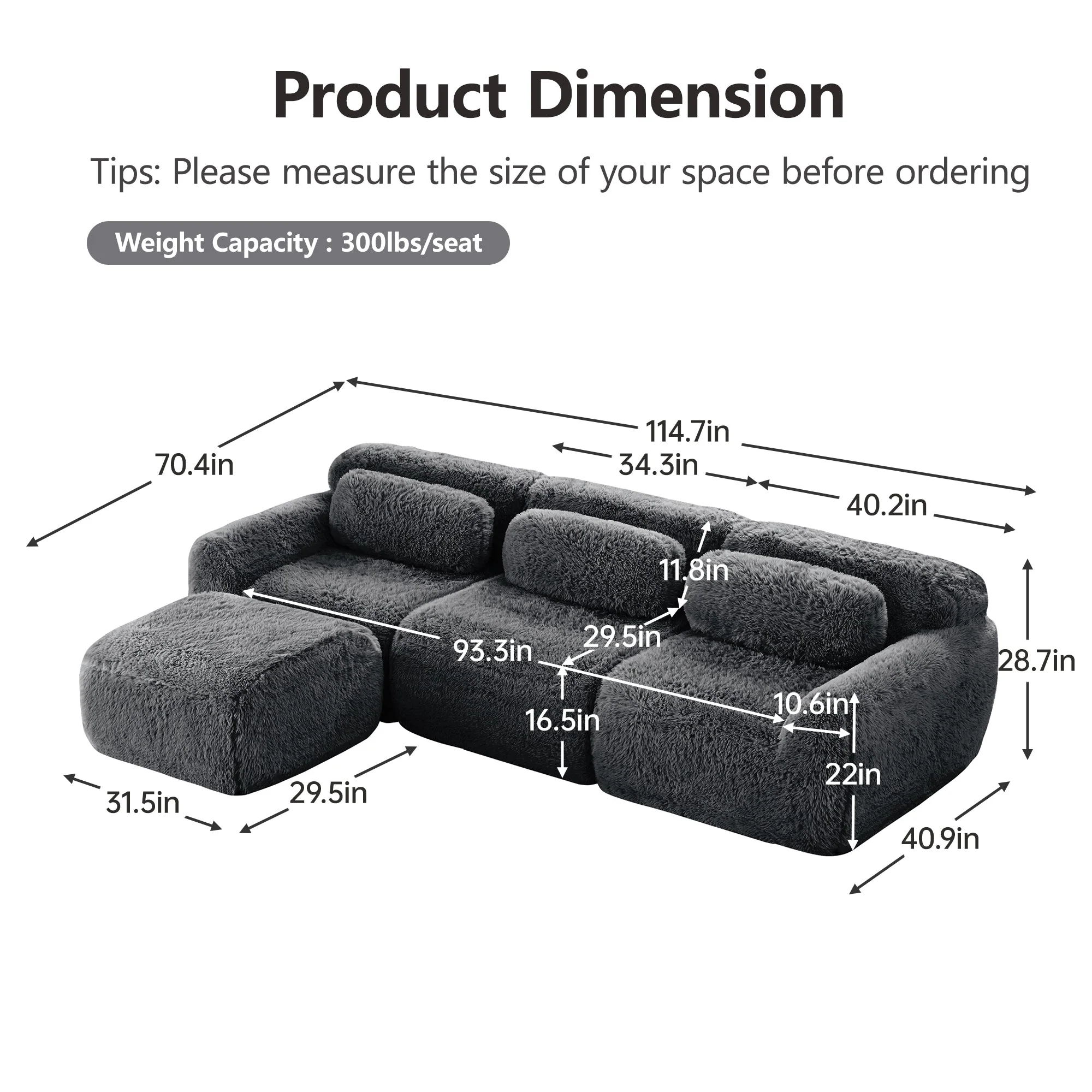 Soft And Fluffy Plush Boneless Modular Sofa with Ottoman