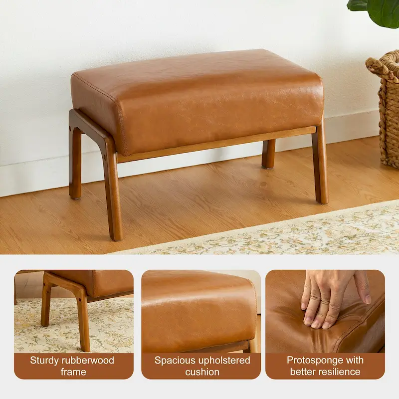 Glitzhome Set of 2 Mid-century Leatherette Ottoman Accent Stools