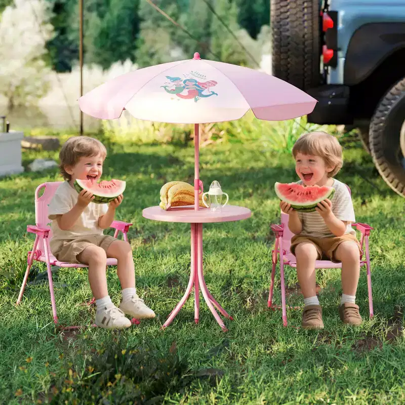 Costway Kids Picnic Table & Chair Set with 2 Folding Chairs & Height Adjustable Umbrella Brown/Green/Pink