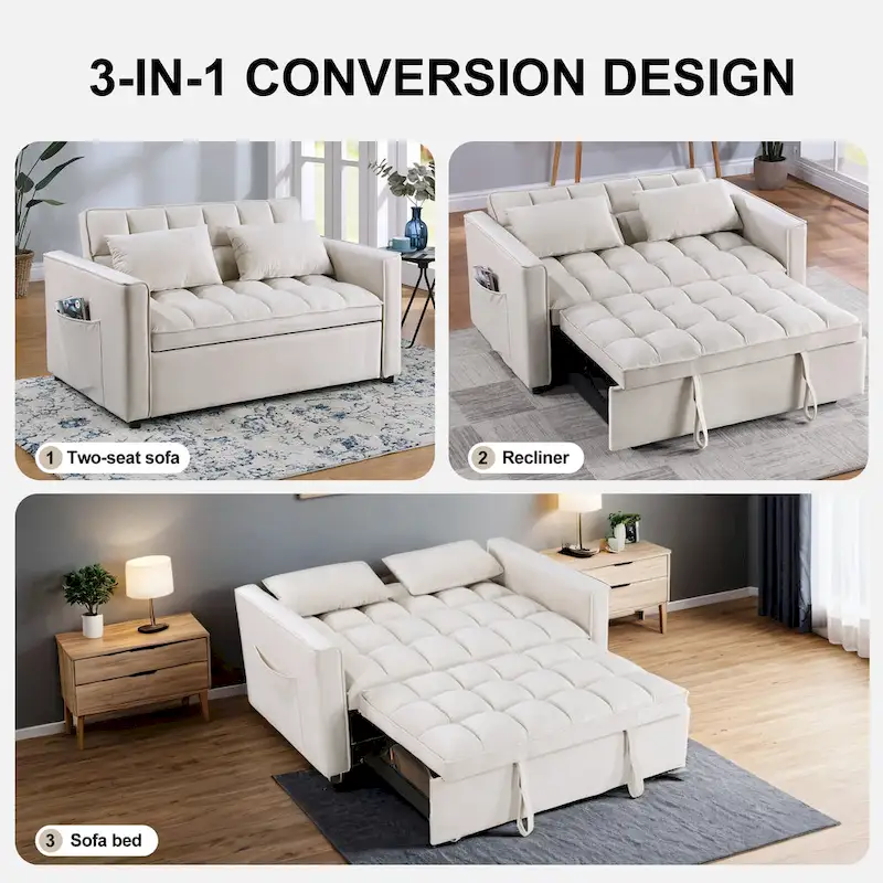 Modern 68 Length Tufted Convertible Loveseat Sleeper Sofa Bed - 68L x 55W x 20H