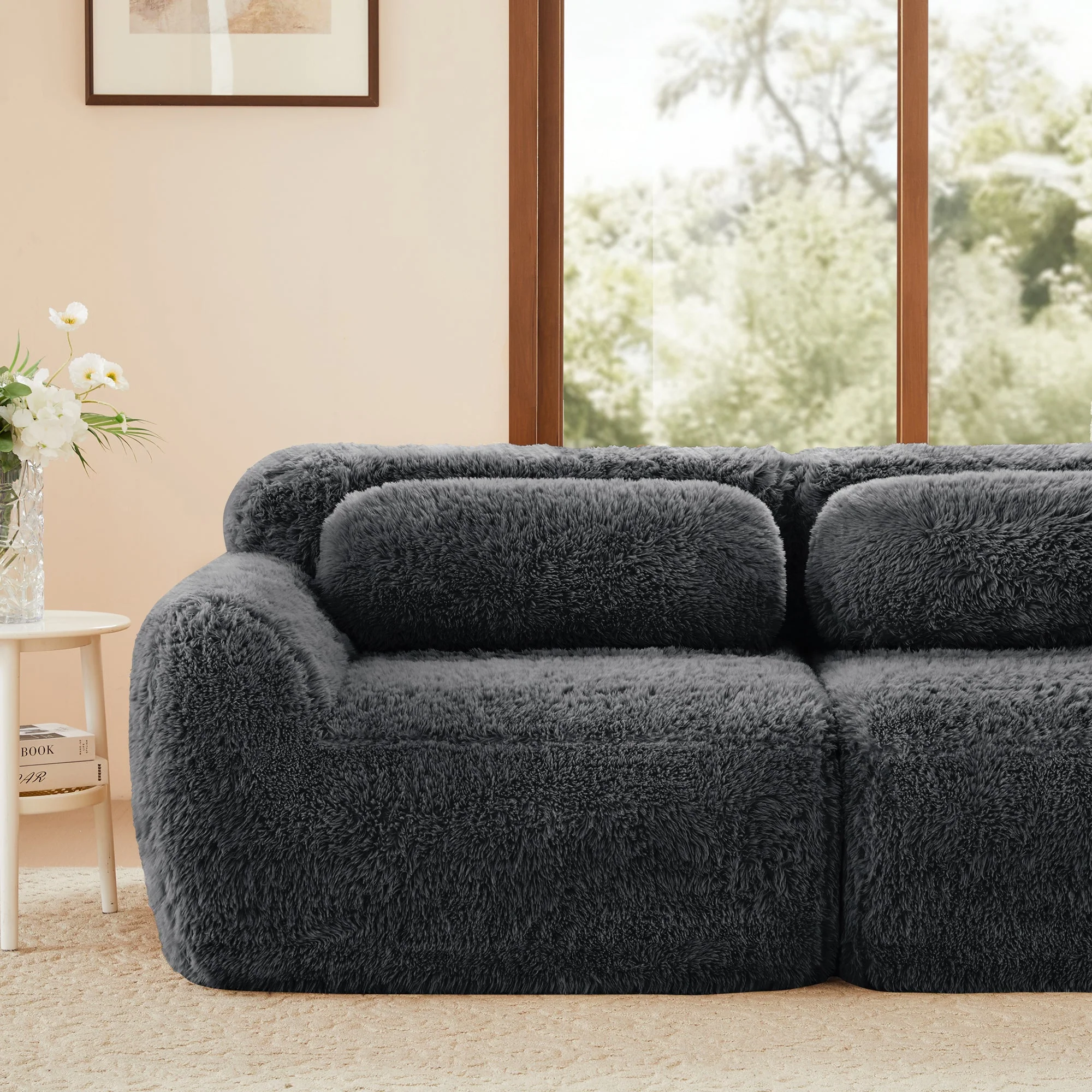 Soft Teddy Plush Ergonomic Design L-shaped Loveseat Sofa with Ottoman