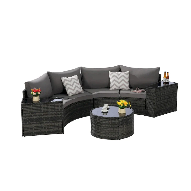 7-Piece Half-Moon Sectional Sofa Set with Glass Table