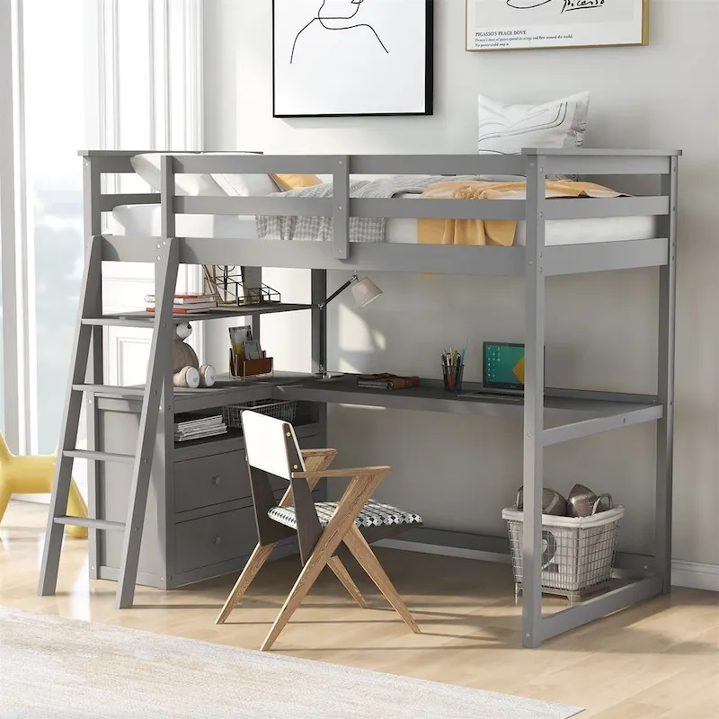 Merax Wood Loft Bed with Desk, Shelves and Drawers