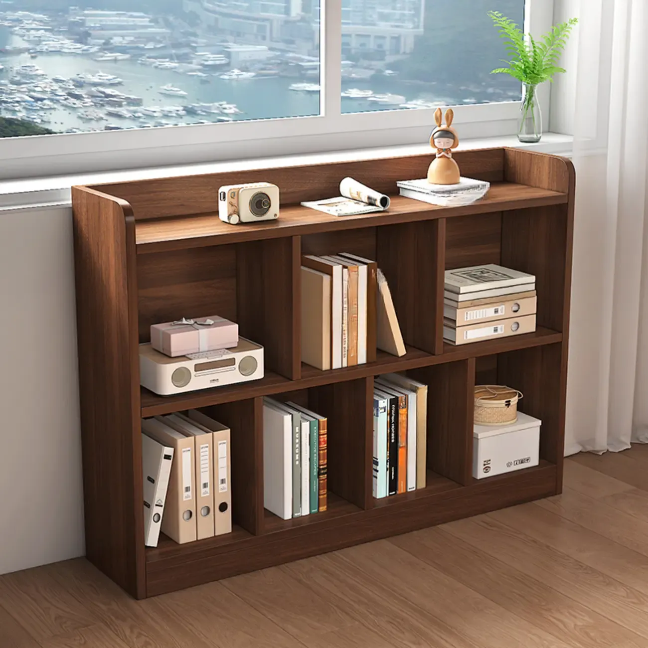 Modern Wide 3-Tier Wood Brown Horizontal Bookcase