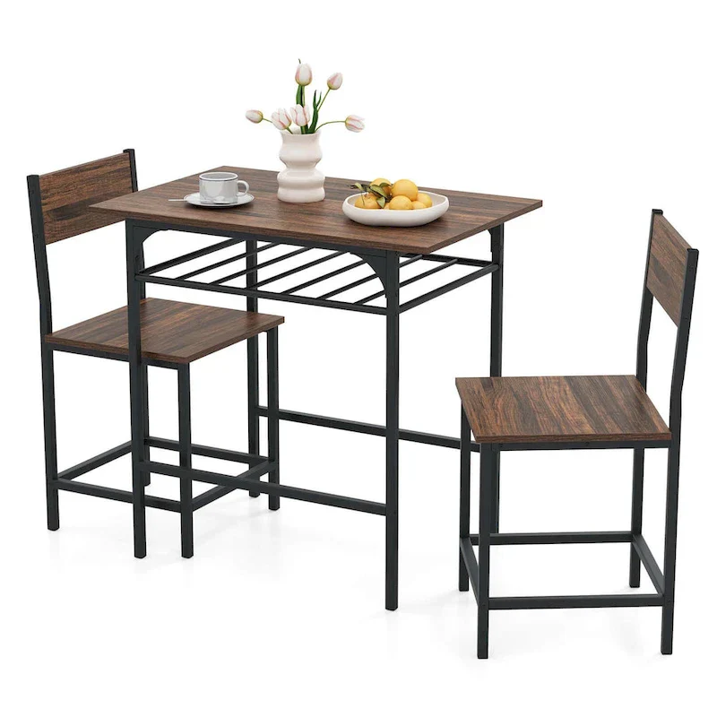3PCS Dining Table Set Industrial Breakfast Nook Table Set w/ Wine Rack
