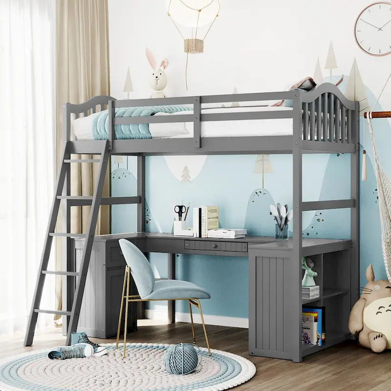 Twin Loft Bed with Drawers, Cabinet, Shelves, and Desk