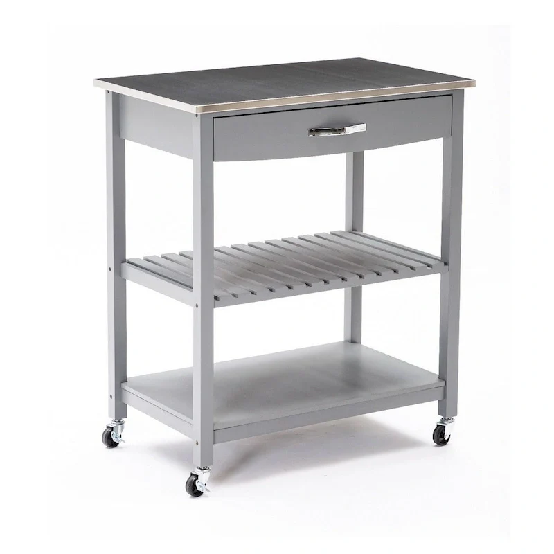 38 Inch 2 Tier Kitchen Cart Island, Shelf, Steel Top, Lock Casters, Gray - 19L x 30.5W x 35.75H