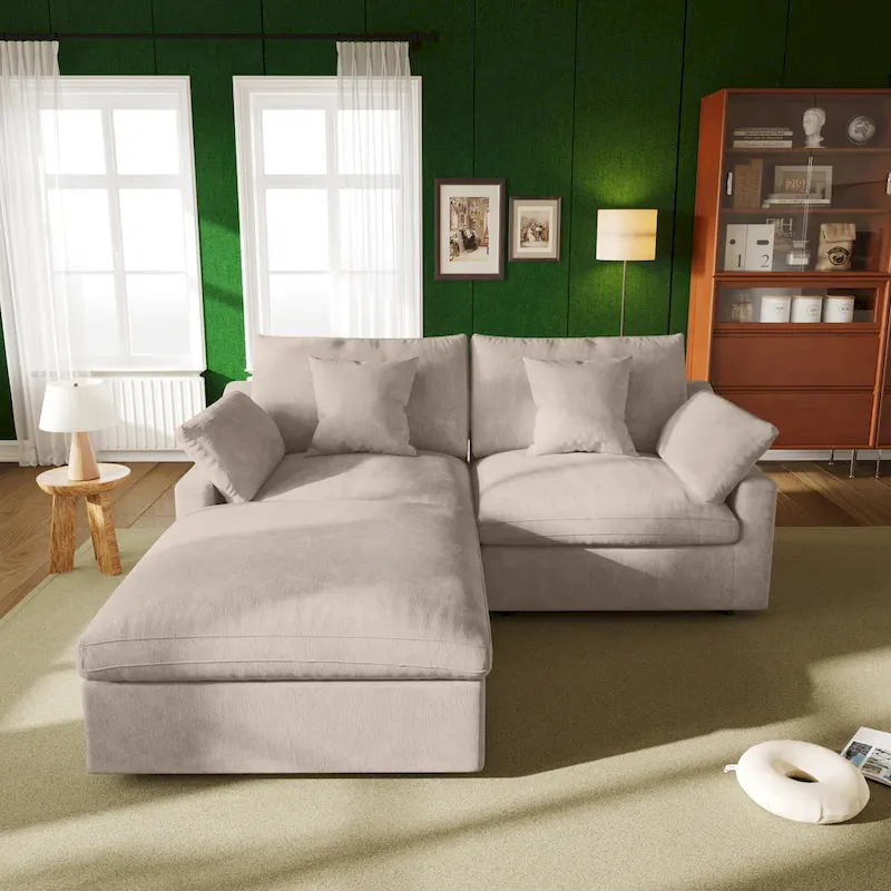 82.68 Down Filled Sectional Couch L-shape Linen Upholstered Loveseat with Ottoman