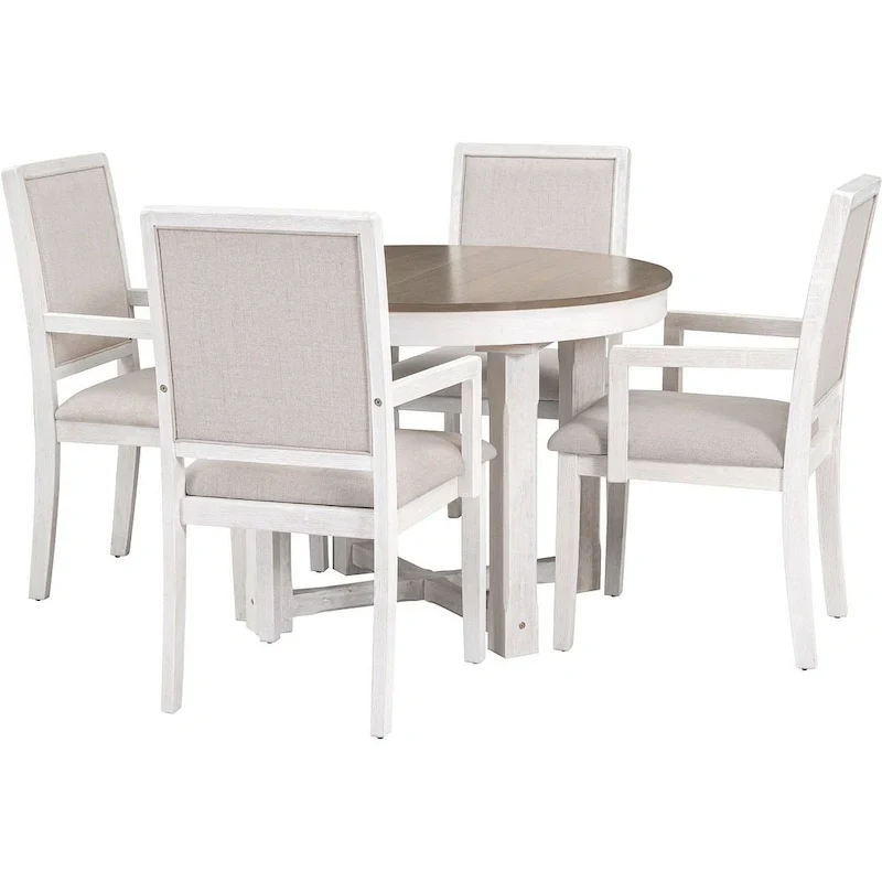 Wooden Round Drop Leaf Extendable Dining Table Set with 4 Upholstered Chairs