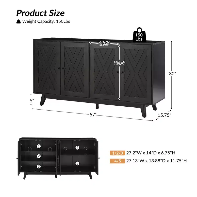 Adolf 57Wide Mid-century Chevron-patterned Sideboard with Adjustable Shelves|HULALA HOME
