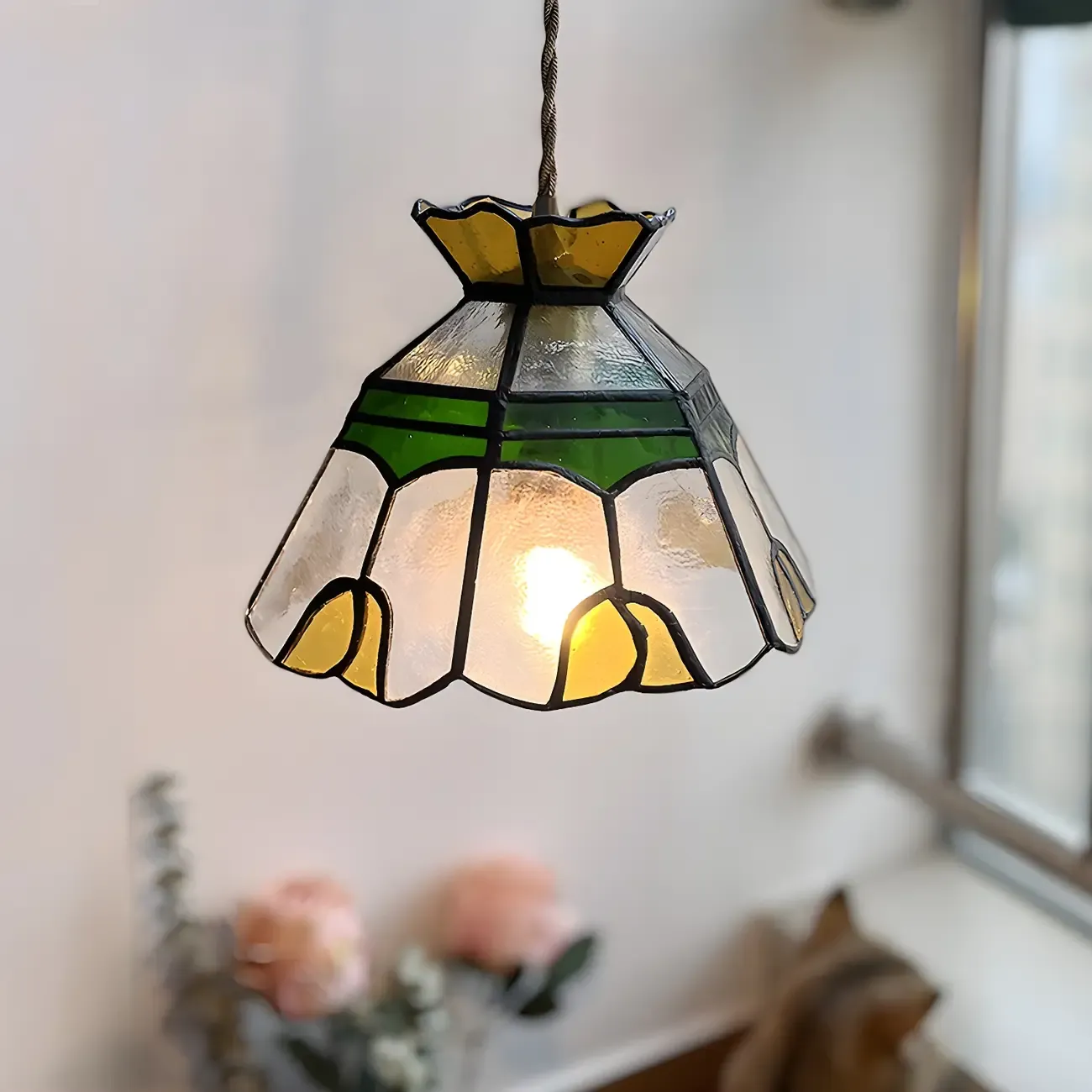 Floral Stained Glass Brass Pendant Light Adjustable Height