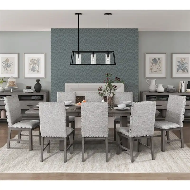 9 PCS Dining Set w/ Extension Leaf Table and 8 Upholstered Chairs