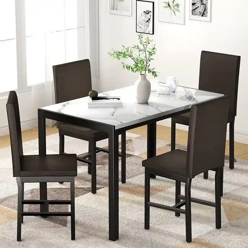 Modern Faux Marble 5 Pieces Kitchen Dining Set with 4 Cushion PU Leather Chairs