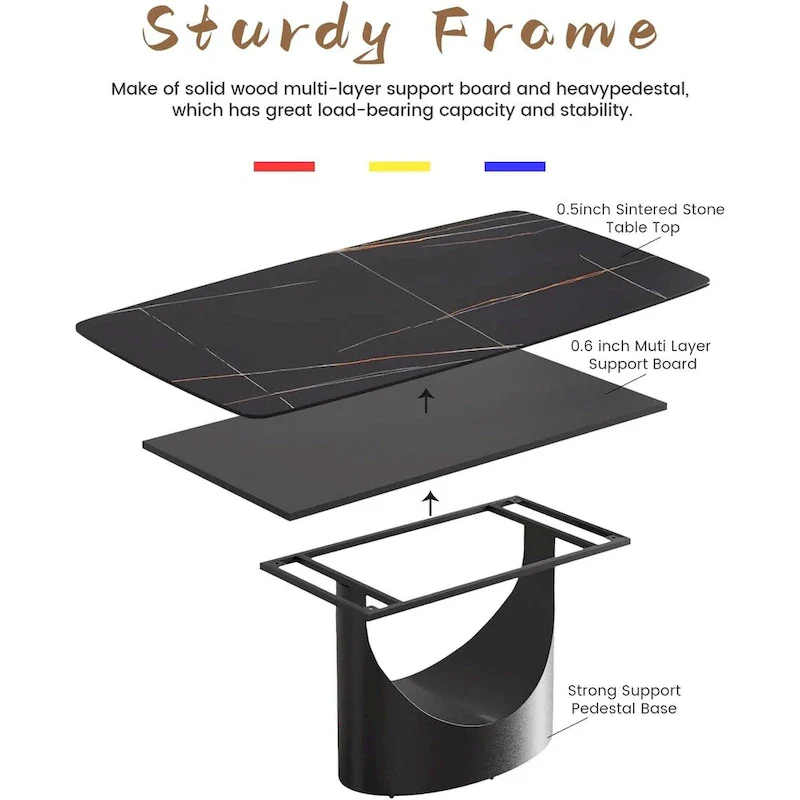 71 Black Marble Sintered Stone Table Top,Rectangle Dining Room Table with Unique U-Shape Black Carbon Steel Pedestal