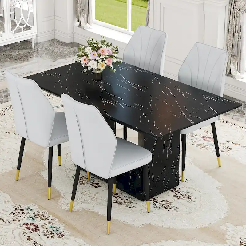 Black Marble Pattern Dining Set - 5 Piece with 4 PU Chairs (63