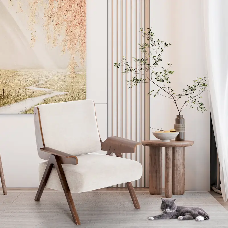 Accent Chair for Living Room, Mid Century Modern Fabric Chair with Oak Leg, Upholstered Comfy Side Chair for Balcony