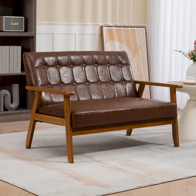 Mid-Century Linen/PU Upholstered Wood Frame Tufted Loveseat Sofa