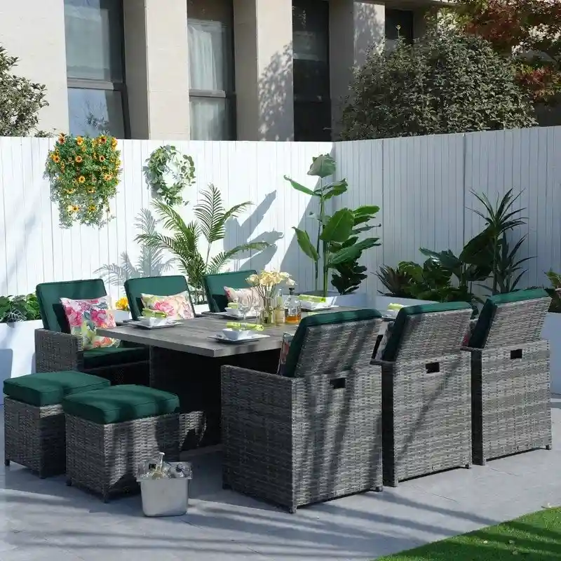 11-Piece Patio Wicker Aluminum Dining Table Set w/ Chairs and Ottomans