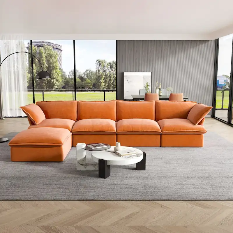 Cloud Sectional Sofa, 5-Seater Down Feather Modular Sofa L-shaped Velvet Wide Deep Seat Convertible Couch.