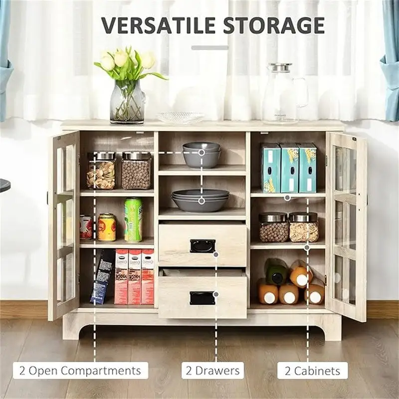 Grey / White / Walnut Sideboard Buffet Cabinet with Glass Doors & Adjustable Shelves