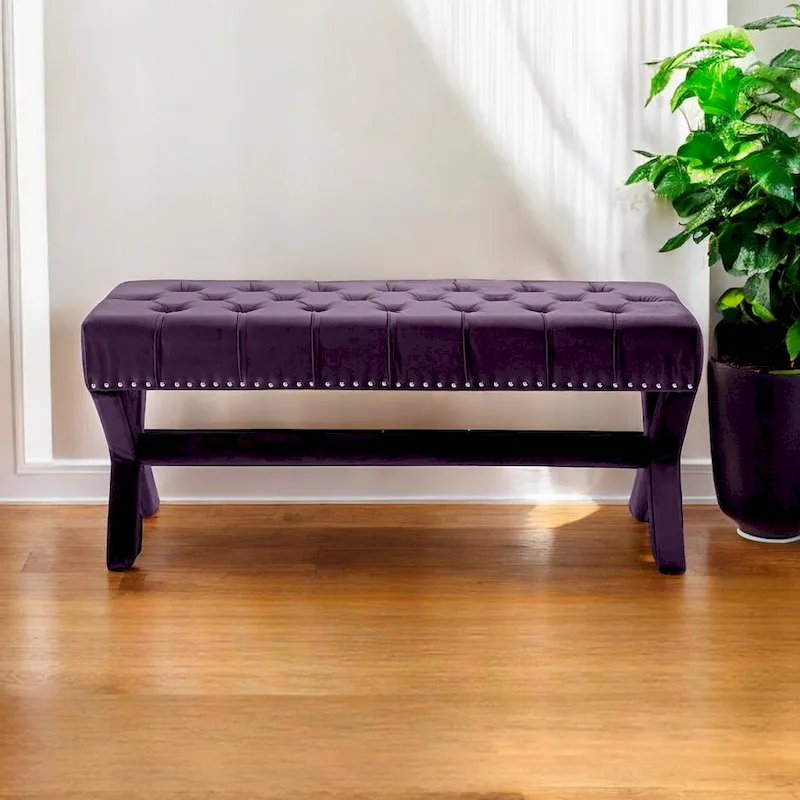 HomeRoots 45 Plum Velvet Upholstered Bench - 45.27L x 19.68W x 19.29H