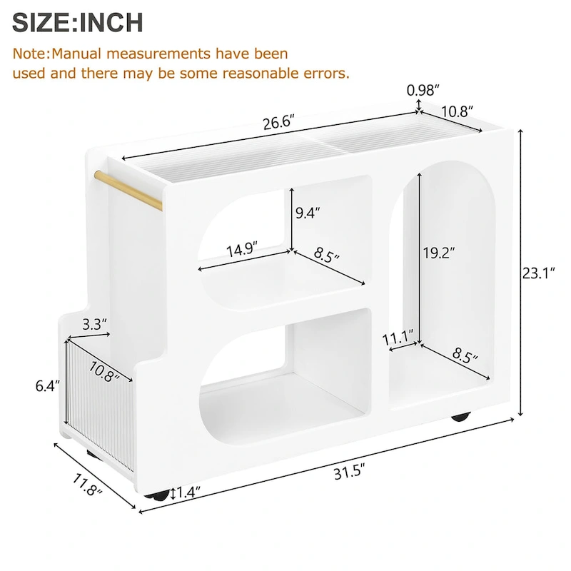 31.5 Modern Mobile End Table with 5mm Thick Fluted Tempered Glass, Lockable Wheels and Golden Round Rod