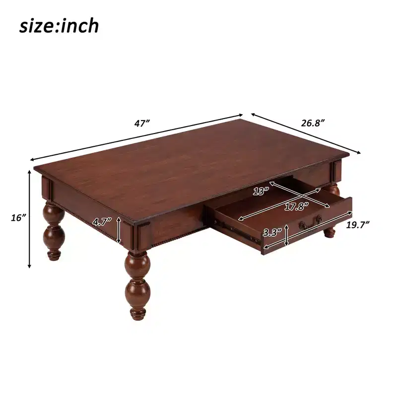 Brown Natural Rubberwood Rectangle Coffee Table with Storage Drawers