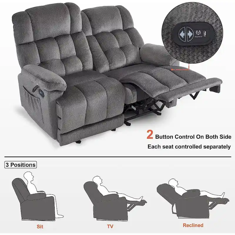Power Reclining Loveseat, Red/Grey/Beige/Blue/Brown, Heat & Massage, Seats 2