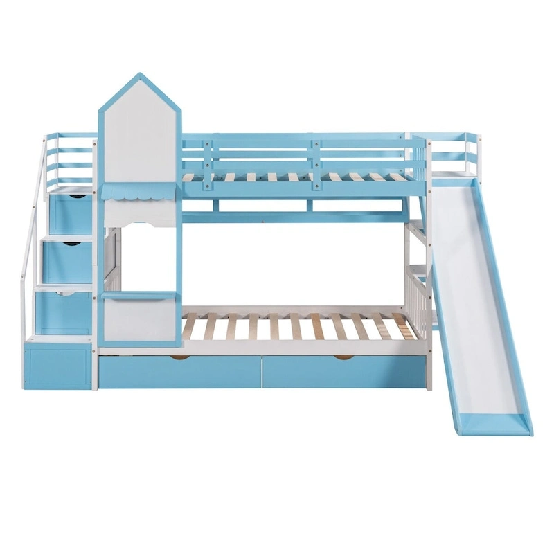 Twin-Over-Twin Castle Style Bunk Bed with Drawers,Shelves,Slide