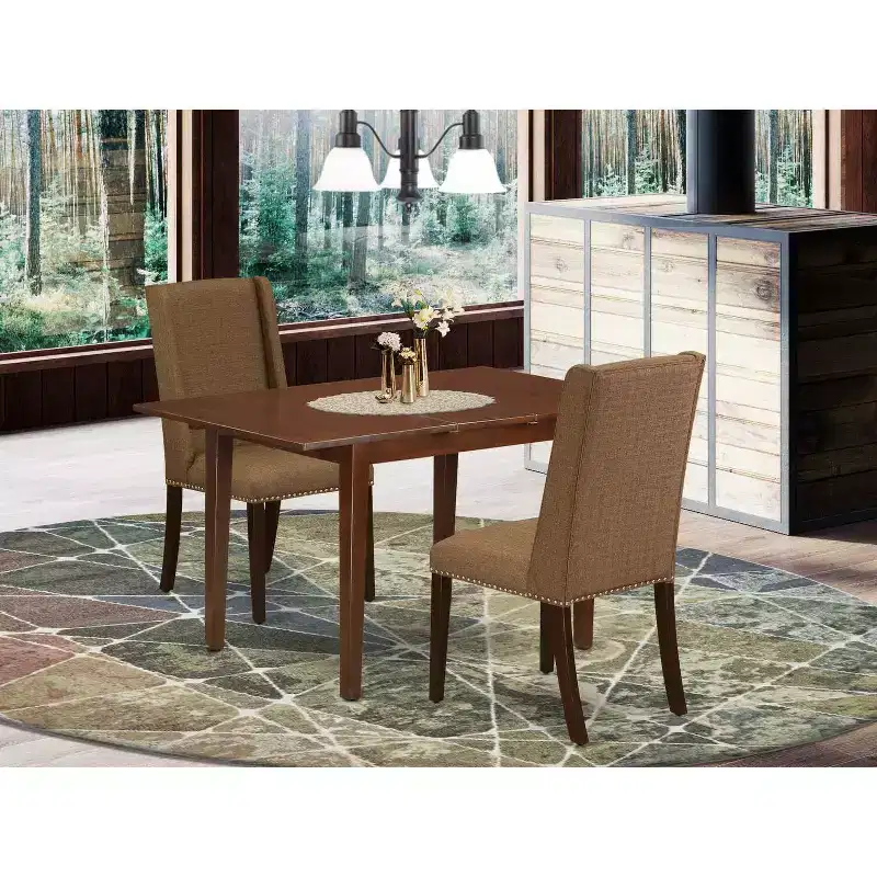 HomeStock 3-Piece Mahogany Finish Rectangular Solid Wood Top with Butterfly Leaf Dining Table Set