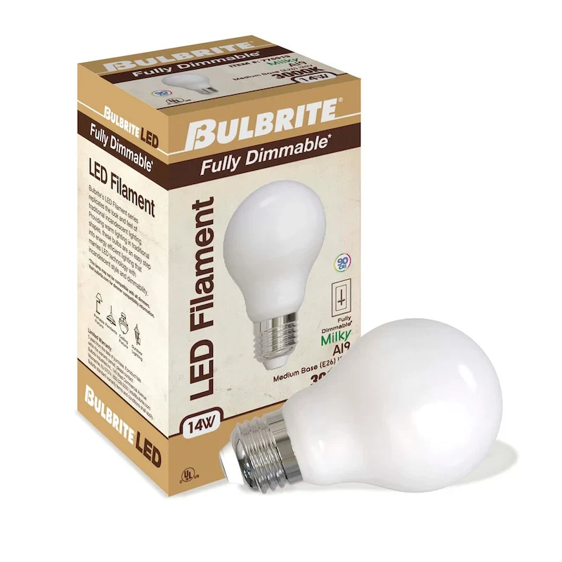 Bulbrite LED Filament Pack of (4) 14 Watt Dimmable A19 Light Bulb with Milky Glass Finish and Medium (E26) Base