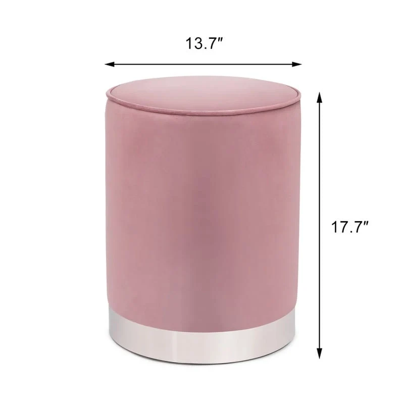 Vanity Upholstered Round Velvet Ottoman Footstool Silver Trim