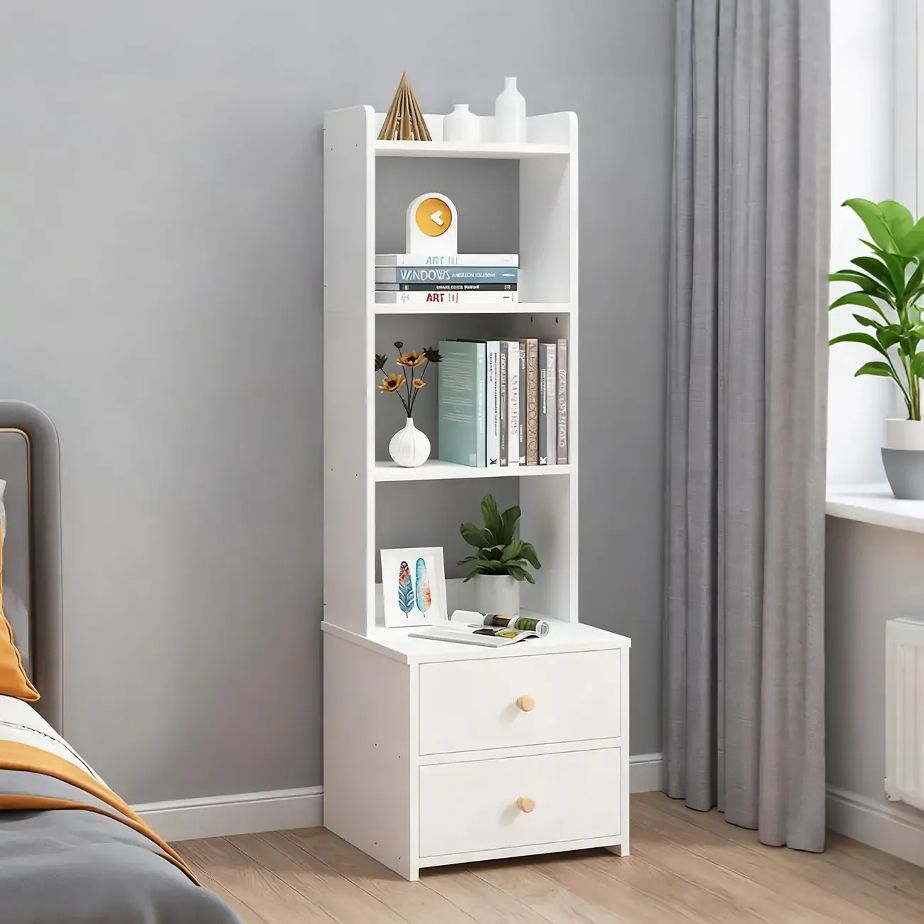 Modern Tall Wood Spacious Shelves 2-Drawer Nightstand