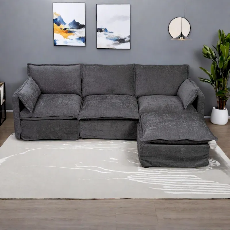 93.31 Faux Linen Modular Sectional Sofa with Movable Ottoman, Solid Wood Frame, and High-Resilience Foam Cushions