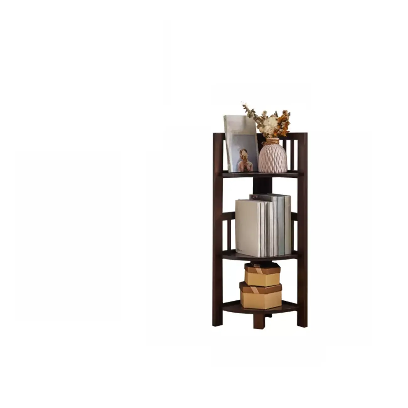 Narrow Wood Curved Shelf Corner Open Back Bookcase