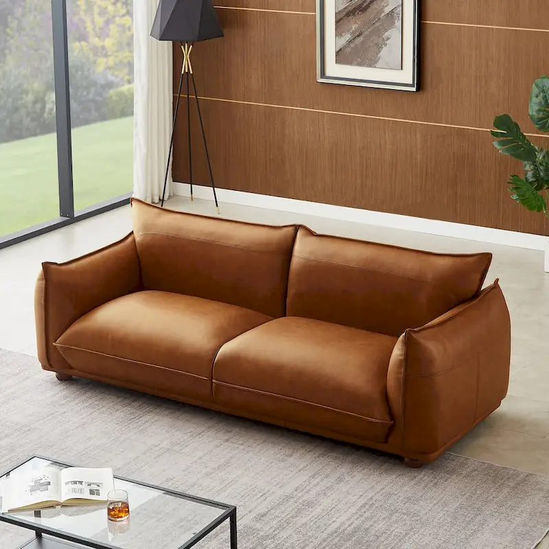 Manar Mid-Century Modern Luxury Genuine Leather Couch