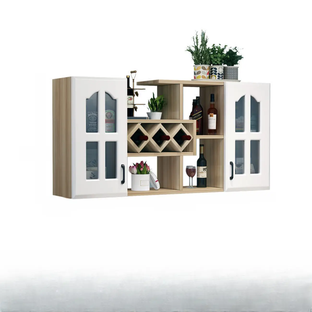 Wooden Wall-Fixed Bottle Holder Rack with Glass Holder Shelf