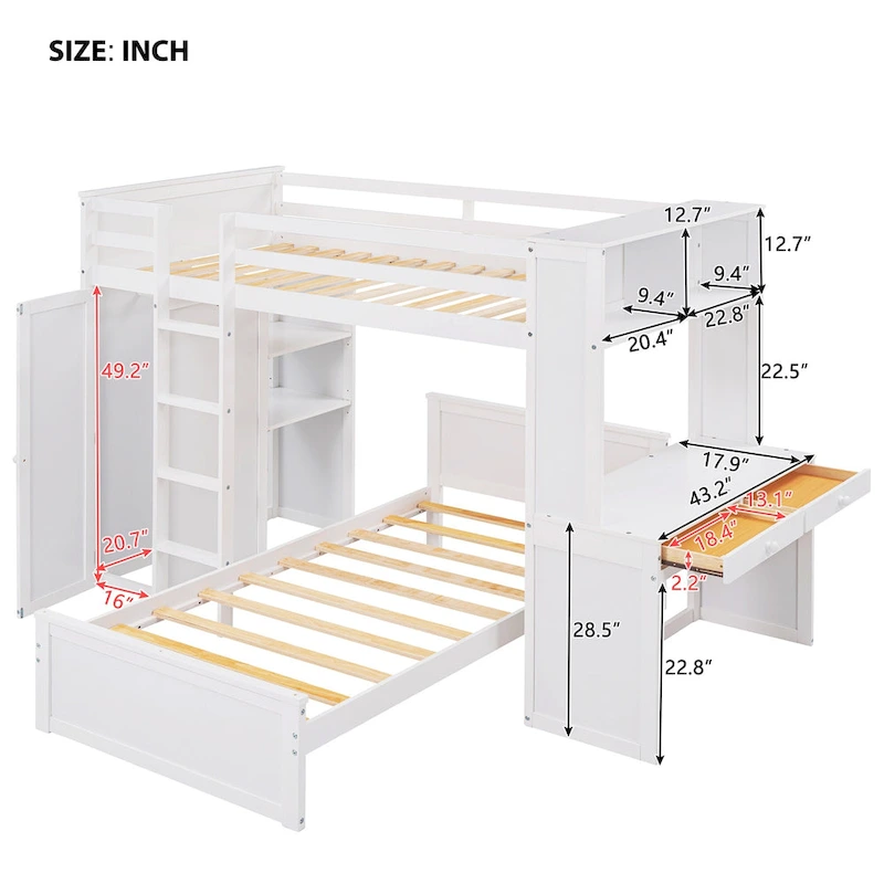 Twin size Loft Bed with a Stand-alone bed, Shelves,Desk,and Wardrobe