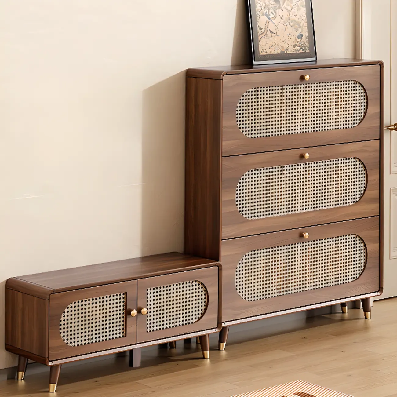 Bohemian Slim Brown Drop-Front Wood Shoe Cabinet