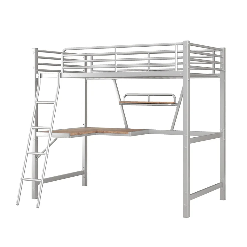 Metal Loft Bed with Desk and Guardrail