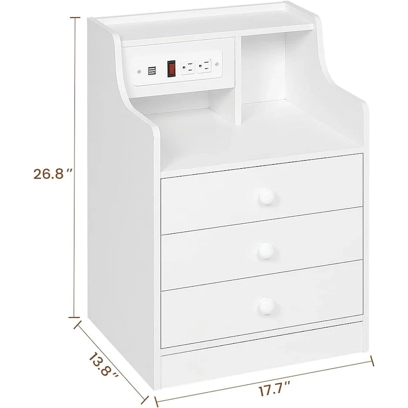 3-Drawer Nightstand with Built-in Charging Station and Open Shelf – White / Pink / Grey / Black, for 1 Person