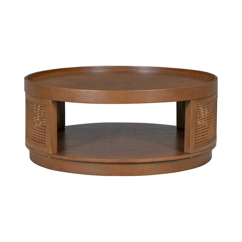 36.8 Wooden Mid-Century Modern Coffee Table, Round Cane Coffee Table with PE Rattan Side