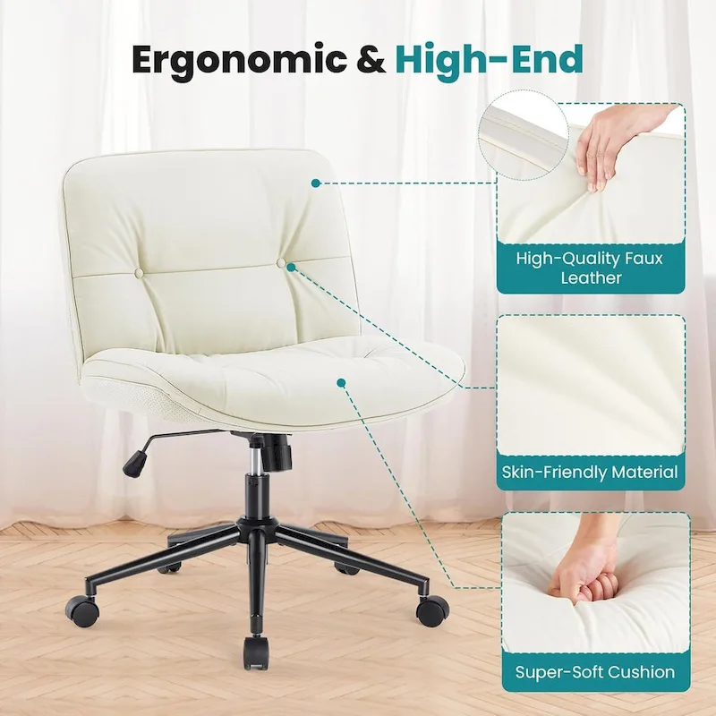 Khaki / Beige / Black PU Leather Armless Desk Chair with Wheels, 360° Swivel, Single Seat