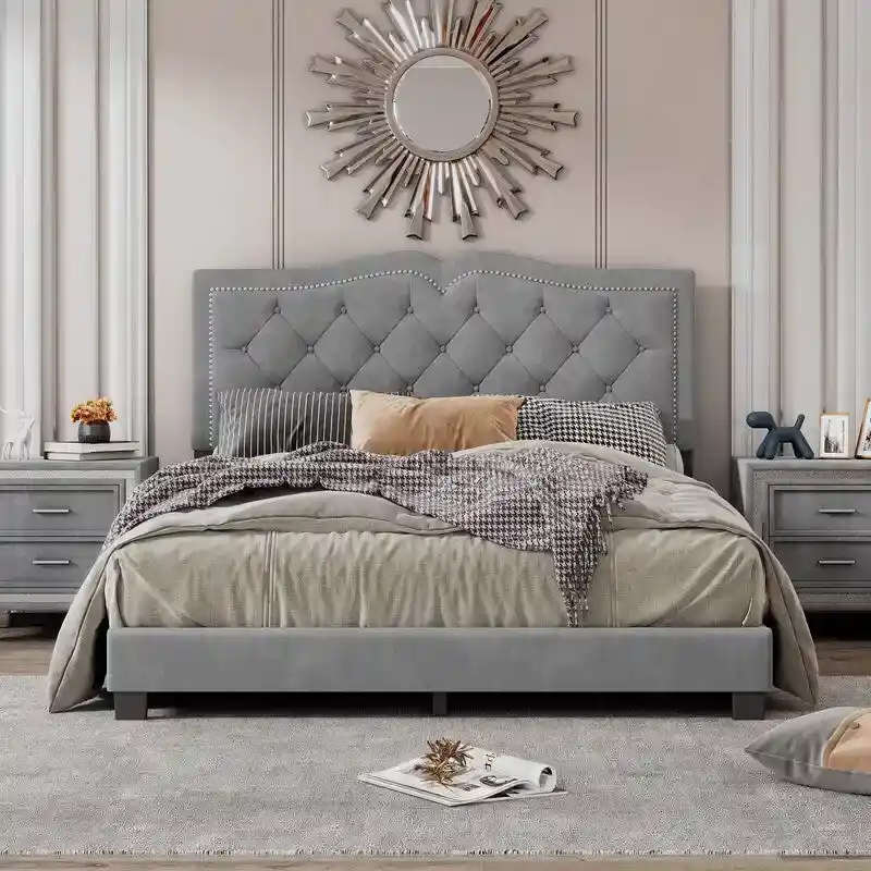 Queen Size Tufted Velvet Upholstered Bed with Rivet Design