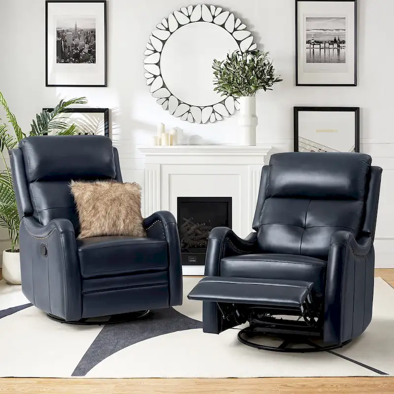 FrancoModern Genuine Leather Swivel Rocker Recliner with Nailhead Trims Sets of 2 by HULALA HOME
