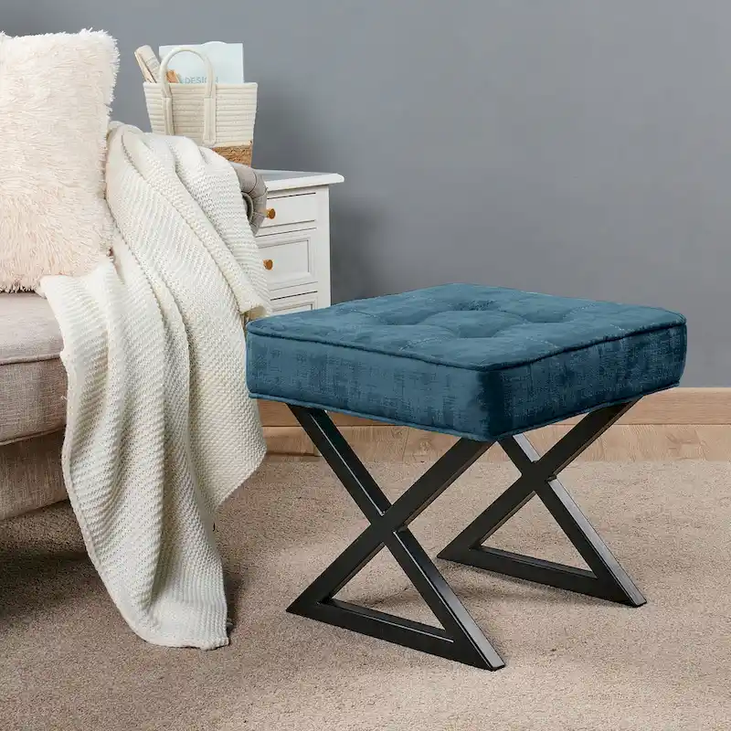 Textured Velvet Ottoman Vanity Stool 18X18X17